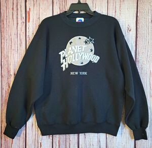 Planet Hollywood 90s Vintage Stitch New York Mens L Black  Crewneck Graphic Logo